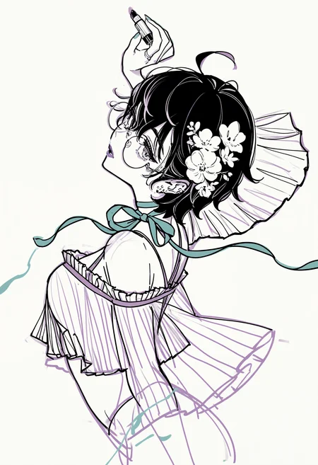 1girl, glasses, solo, flower, hair flower, short hair, lipstick tube, hair ornament, cosmetics, monochrome, round eyewear, ribbon, simple background, sketch, earrings, holding lipstick tube, white background, choker, arm up, lipstick, holding, bare shoulders, makeup, looking at viewer, parted lips, spot color, midriff, ahoge, crop top, ribbon choker, jewelry, BREAK,highres,absurdres,masterpiece,newest,best quality,Visual impact,very awa,very aesthetic,amazing quality
