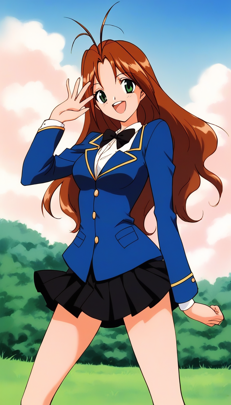 score_9, score_8_up, score_7_up, source_anime, rating_explicit, BREAK <lora:Tanima_Yuri_XL:1>Tanima_Yuri, 1girl, solo, long hair, brown hair, green eyes, antenna hair, breasts, 1990s (style), smile,
smile,looking at viewer, cowboy_Shot,
skirt, mary janes, long sleeves, open mouth, black ribbon.
standing, pleated skirt, looking at viewer, black skirt, smile, 
miniskirt, school uniform, bow, blue jacket,  bowtie,
grass, sky, day,