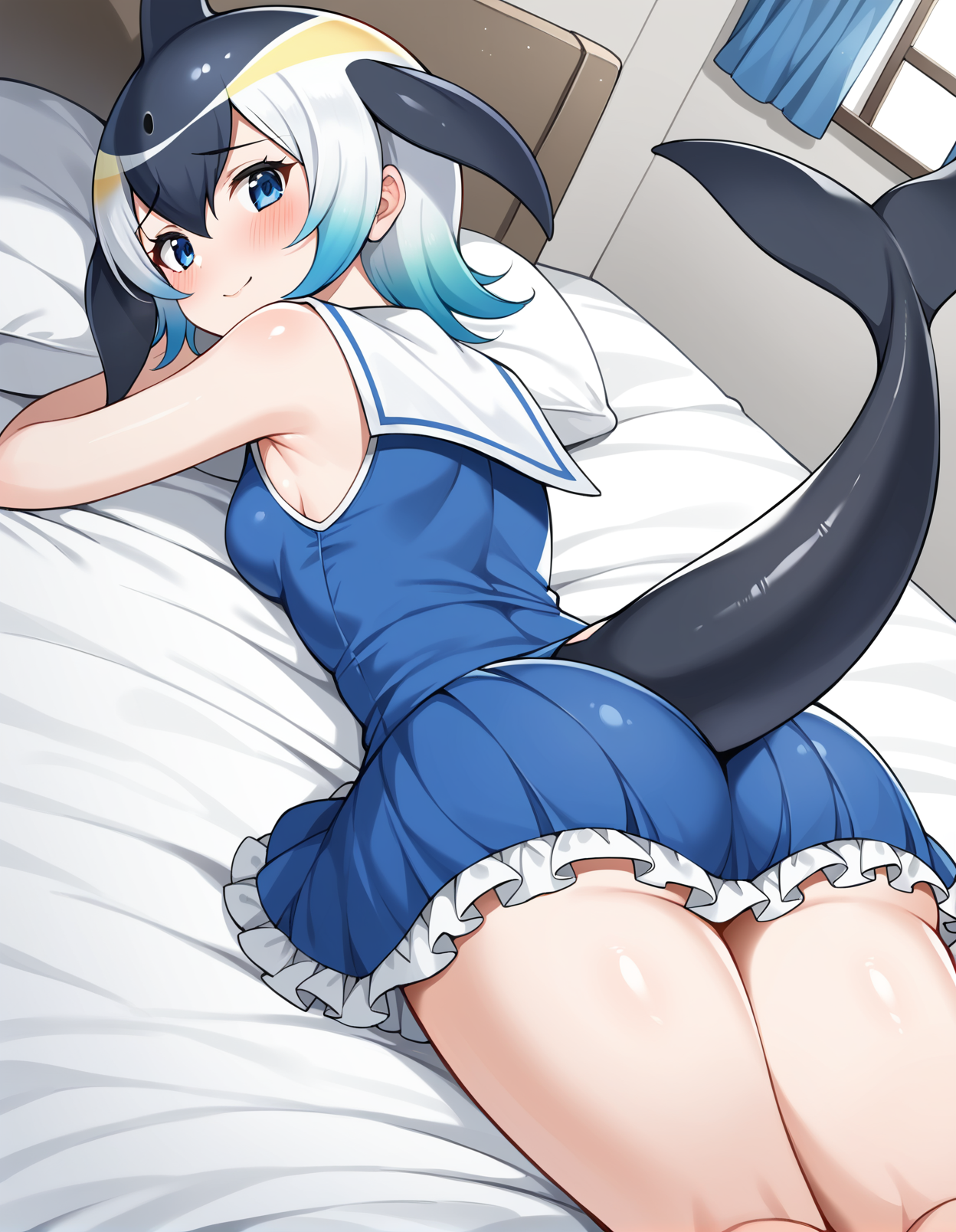 score_9, score_8_up, score_7_up, source_anime, rating_safe, BREAK <lora:cDolphinXL_LoRA-C3Lier_AdamW_Dim8_Alpha8_UN-3e-4_TE-1.5e-4_10batch_ponyDiffusionV6XL_v6StartWithThisOne:1>, common dolphin \(kemono friends\), 1girl, blue eyes, head fins, multicolored hair, white hair, short hair, cetacean tail, small breasts, blue dress, sailor dress, blush, frilled dress, sleeveless, light smile, embarrassed, from above, from behind, looking back, dutch angle, lying, on stomach, on bed, night, window, curtains
