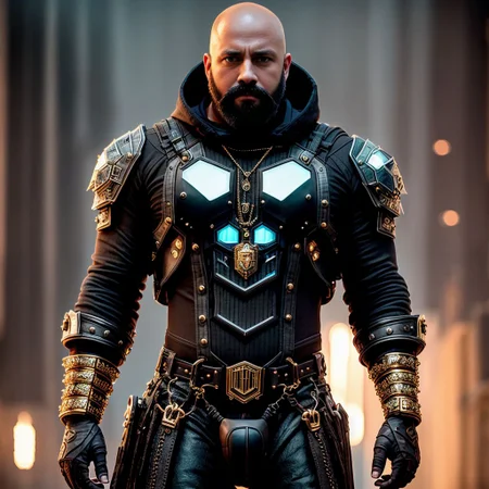 musclebears Detailed Ghotic Medieval portrait of cyberpunk style , futuristic (neon) reflective wear, sci-fi, robot parts, gold parts, machine face cinematic light ef 50mm, ((art by Greg Rutkowsky)), (studio ghibli), artgem, art, illustration, ((dark atmosphere)), ((vignette)), ((HDR)) ((black and grey)), soothing tones, muted colors, dim, calm colors, pastel colors highly details, intricate details