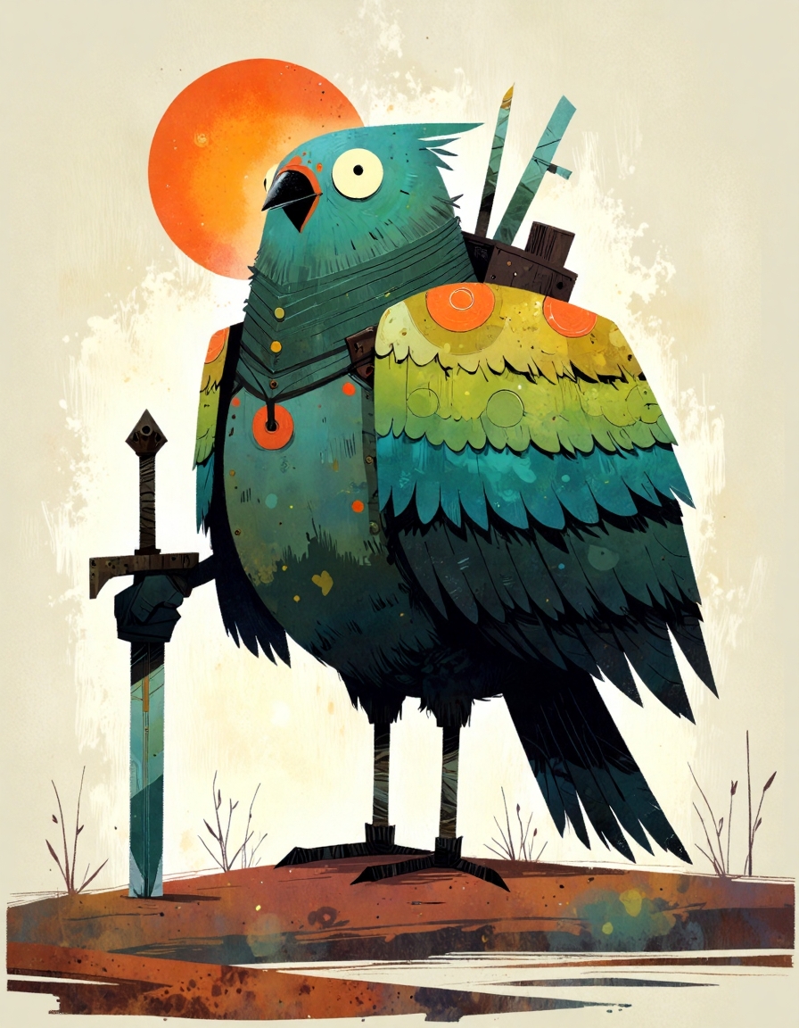 ,A stylized, fantastical bird, reminiscent of a character from a children's book or video game.  The bird is anthropomorphic, holding a sword, and has a patchwork, almost steampunk-inspired, attire.  The colors are muted, with blues, greens, and browns dominating, creating a slightly melancholic feel.  There are hints of  warm oranges and yellows in the background, but the overall palette is subdued. The style is impressionistic, with visible brushstrokes and areas of texture, creating a sense of depth and dimension.  The setting is a dreamy, slightly ethereal landscape, with hints of a textured background that suggests a cloudy or misty atmosphere, with a small abstract sun-like element in the upper left. The bird's wings and feathers are detailed and expressive, with sharp, almost angular forms. The sword is a simple, stylized element held in the bird's hand, giving it a heroic or at least a grounded quality. Detailed shading and subtle gradients are present.