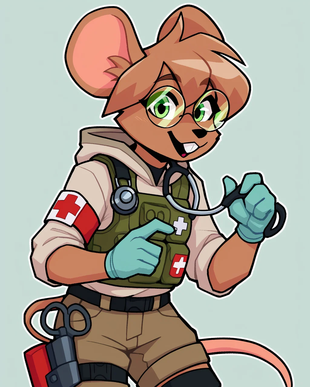 score_9_up, score_8_up, score_7_up, score_6_up, by remanedur, furry female, standing, mouse, green eyes, body armor, round glasses, stethoscope, brown hair, armband, tail, brown fur, black thigh highs, combat boots, buckteeth, gloves, medic, cargo shorts, looking at viewer, hoodie, uniform, short hair, happy, smile, solo, three-quarter view, simple background, white outline <lora:Leah_Pines(AIM)_XL_v1:0.15> <lora:PDXL_artist_tags_v2_big:0.5> <lora:The-Minuscule-Task_PDXL_v1.0:0.6> <lora:Diana_Engel_v2_WirelessShiba:0.65>