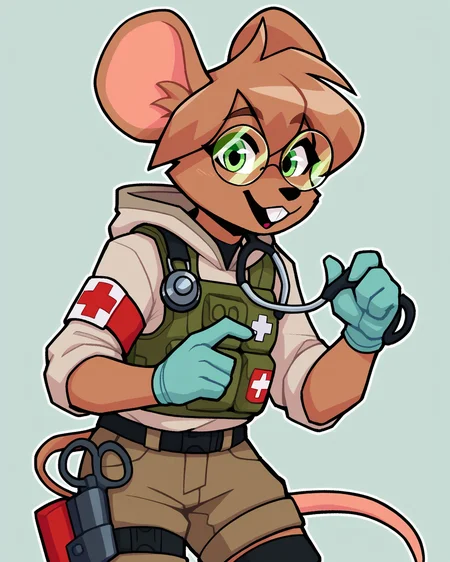 score_9_up, score_8_up, score_7_up, score_6_up, by remanedur, furry female, standing, mouse, green eyes, body armor, round glasses, stethoscope, brown hair, armband, tail, brown fur, black thigh highs, combat boots, buckteeth, gloves, medic, cargo shorts, looking at viewer, hoodie, uniform, short hair, happy, smile, solo, three-quarter view, simple background, white outline <lora:Leah_Pines(AIM)_XL_v1:0.15> <lora:PDXL_artist_tags_v2_big:0.5> <lora:The-Minuscule-Task_PDXL_v1.0:0.6> <lora:Diana_Engel_v2_WirelessShiba:0.65>