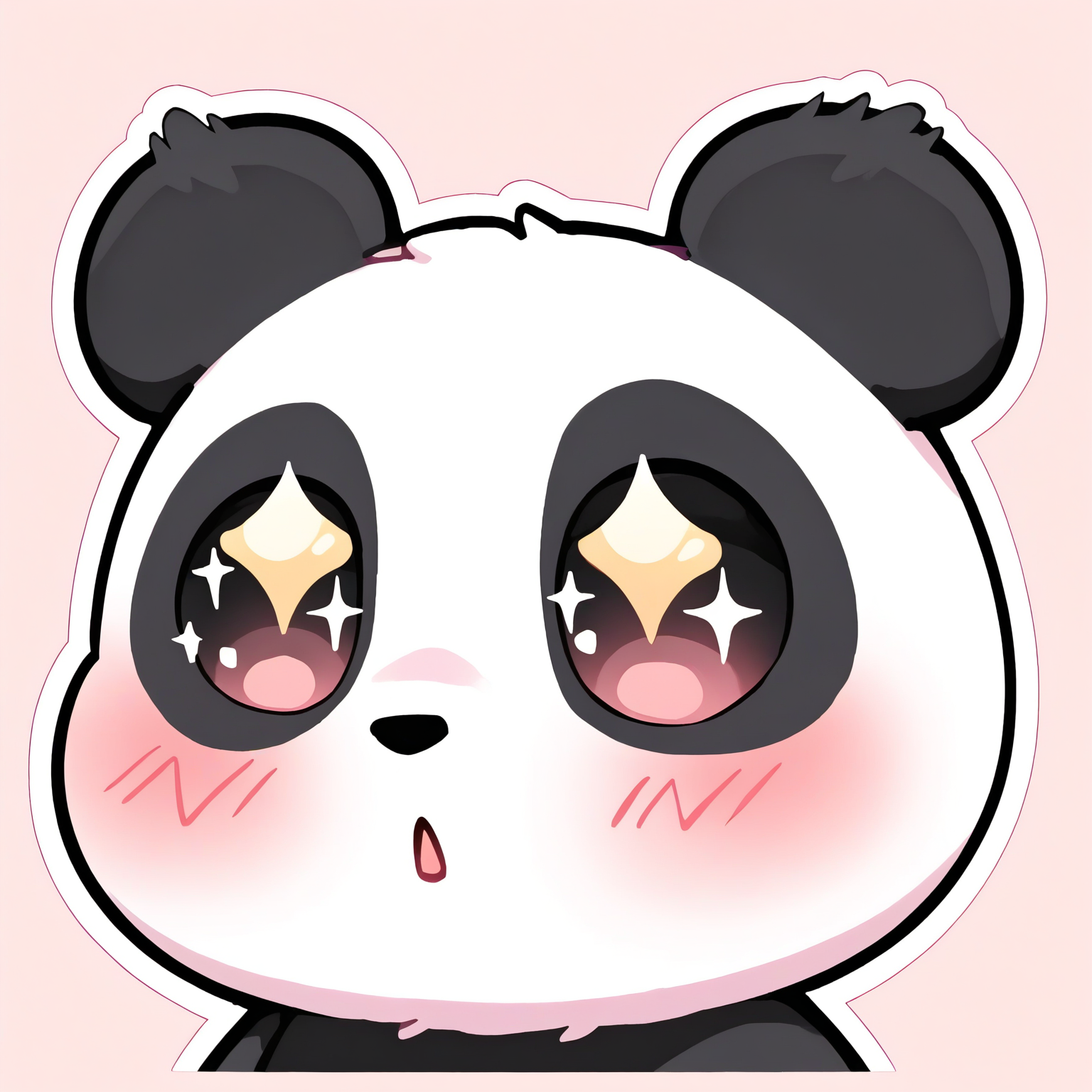 <lora:EmoteStyleSDXL:1>, best quality, masterpiece, emote, chibi, panda, blush, surprised, sparkling eyes, no humans, upper body, white outline, pastel pink background, simple background, panda ears