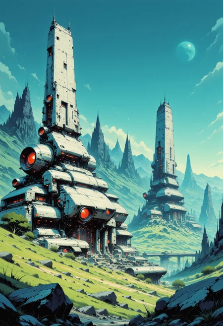 in the style of ckcc, CAICO, inksketch blue and white theme, detailed photorealistic image, a sci-fi cityscape of colossal buildings and towers in a green lush landscape, situated in a green valley bounded by mountain slopes, white ceramic surfaces with high-end circuitry, red glowing diodes and lights, large depth of field. The sky is a dark blue, with a moon hanging low in the horizon