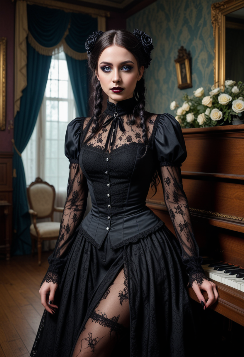 (medium full shot) of  (angelic gothic maiden) young woman, brazilian, tan skin, blue eyes, slim build, long dark bob hair, wearing Victorian governess attire with a high-neck blouse, long skirt, lace stockings, button-up boots, Black lipstick with glitter, dramatic smoky eyes with glitter accents, winged eyeliner, pale skin, black nail polish with glitter, set in  haunted mansion Ballroom, Eerie room with a creaky wooden floor, tattered curtains billowing in the breeze, an ornate piano draped in cobwebs, decaying floral arrangements, ghostly music echoing faintly in the air , woman smiling at the viewer, Masterpiece,best quality, photo, realistic, very aesthetic, detailed face,