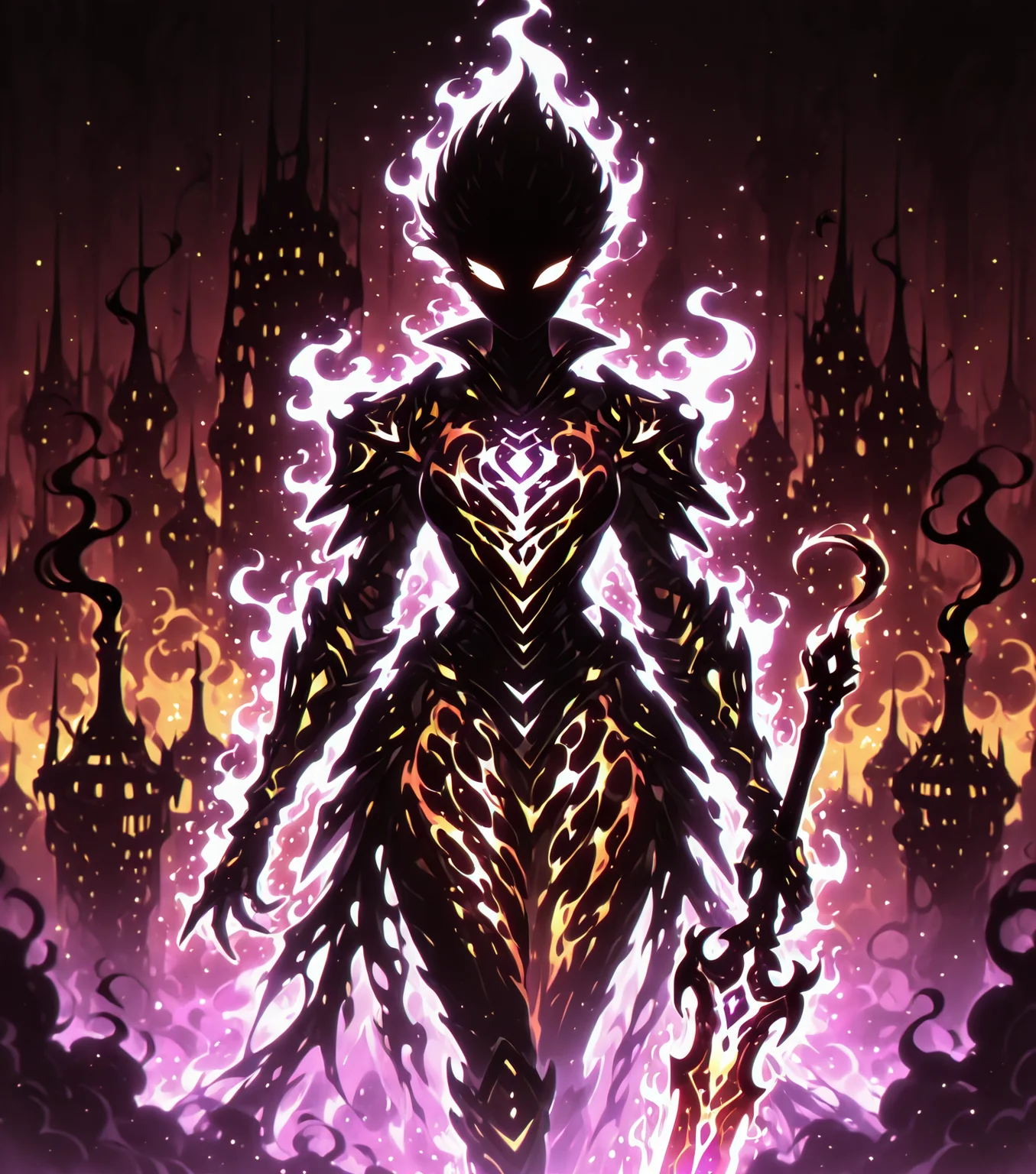 <lora:Shadows_v3_Buns:0.75> sh4d0wv3, black silhouette, solo, colorful aura, Ashbringer, soot-stained armor, smoldering sword, ash-filled air, burning city, masterpiece, best quality, amazing quality