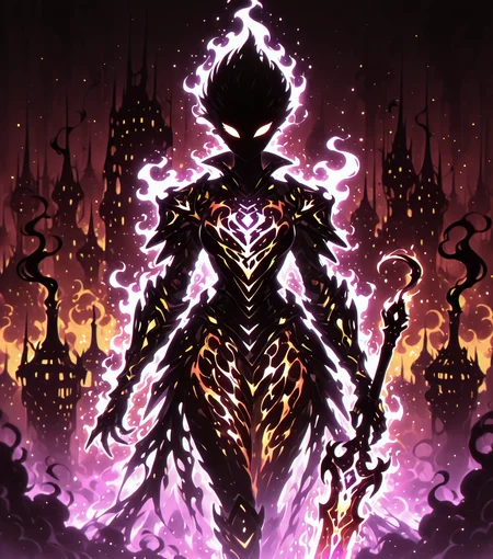<lora:Shadows_v3_Buns:0.75> sh4d0wv3, black silhouette, solo, colorful aura, Ashbringer, soot-stained armor, smoldering sword, ash-filled air, burning city, masterpiece, best quality, amazing quality