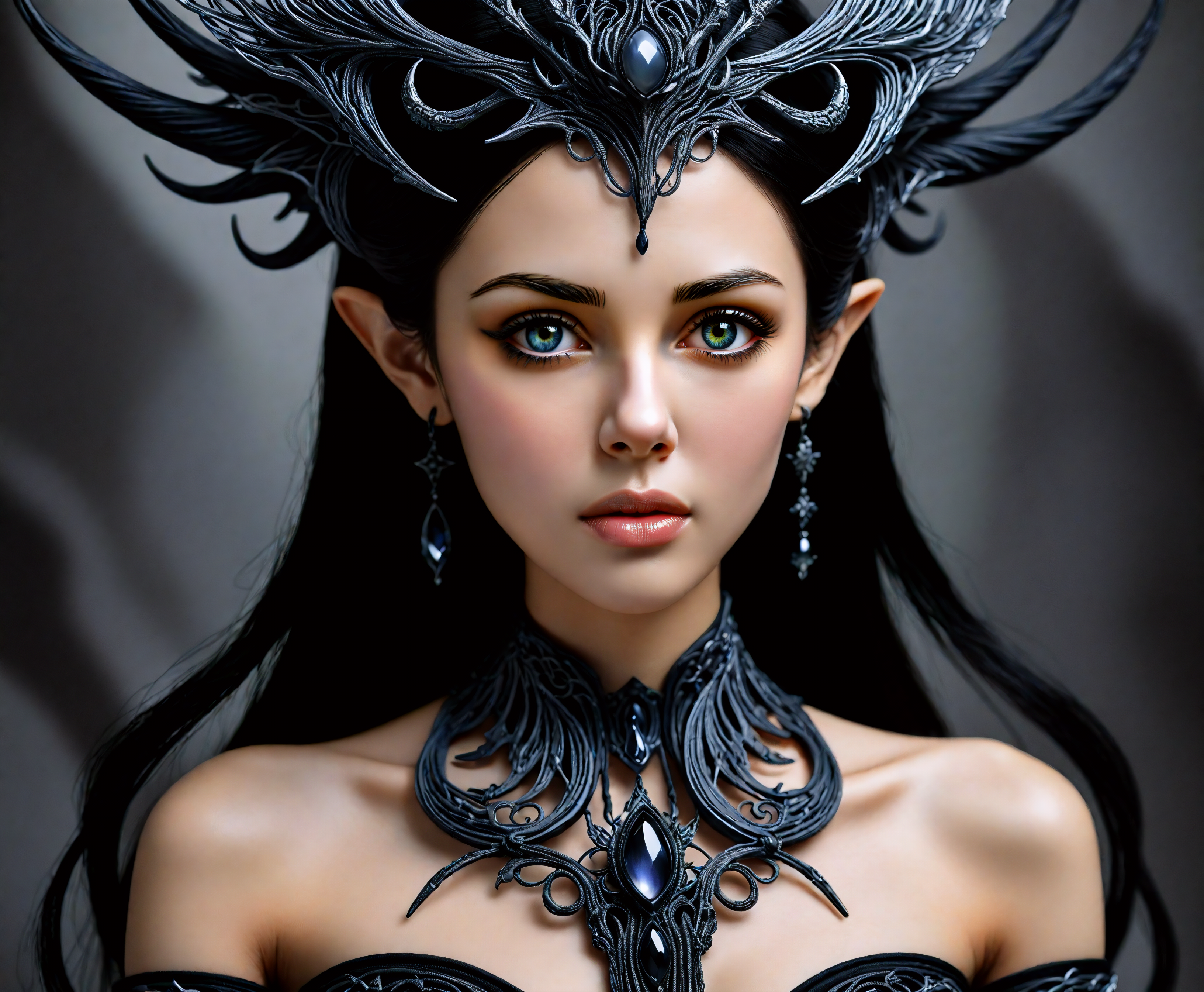 lunala figure, black choker accessory, matte painting ambiance, intertwined elements, anthropomorphic artwork, highly detailed backdrop, captivating visual scene, meticulous detailing, chuah thean teng's creative masterpiece, where each element intricately intertwines to form an otherworldly scene, sleek black choker around the neck