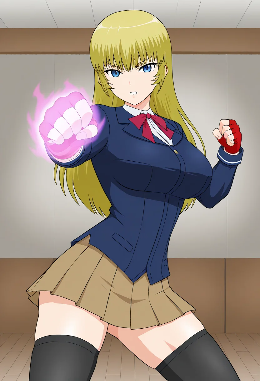 1girl, solo, ryusenkarenplutocrat, blonde hair, long hair, blue eyes, blazer, shirt, large breasts, neck ribbon, fingerless gloves, skirt, thighhighs, indoors, fighting stance, glowing fist, cowboy shot, serious, teeth,