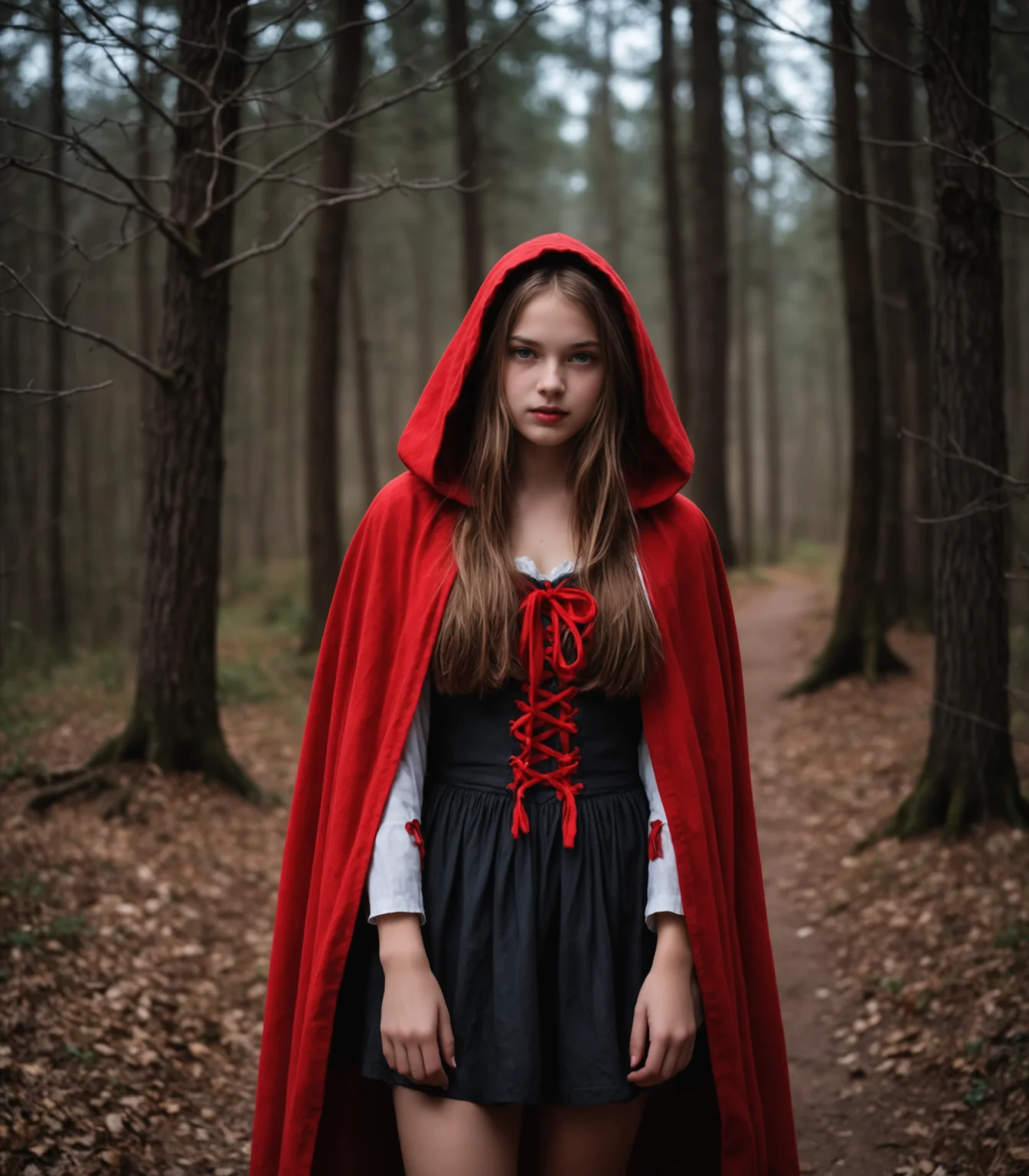 photo, Red Riding Hood, 18 years old, natural dark lighting, best quality