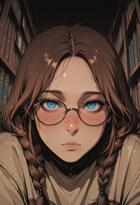 embedding:IllusP0s, codex sss chroma
1girl, solo, close-up, looking_at_viewer, glasses, library, bookshelf, brown_hair, braids, double_braids, blue_eyes, blush, dark_background