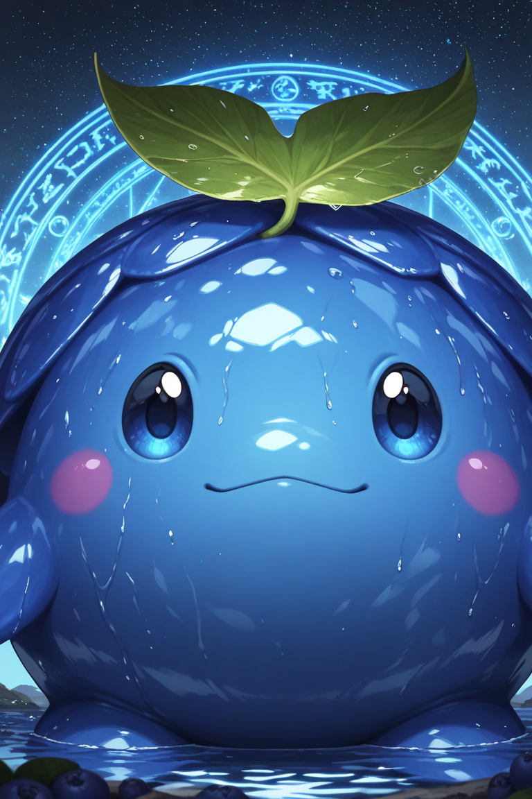 realistic shading, natural lighting, blueberry-creature focus, looking at viewer, expressive face, daberry, green_daberry_leaf on head, blue_daberry_hair, blue eyes, 1blueberry creature, pokemon (creature), closed mouth smile, shiny skin, wet, cowboy shot, casting spell, floating magic circle, outdoors water, dark environment, water ripple, night sky, starry sky, night, glowing particles, fantasy, straight-on, centered, dynamic angle, intricately detailed illustration, depth of field, masterpiece, best quality, amazing quality, very aesthetic, absurdres, newest, anime screencap