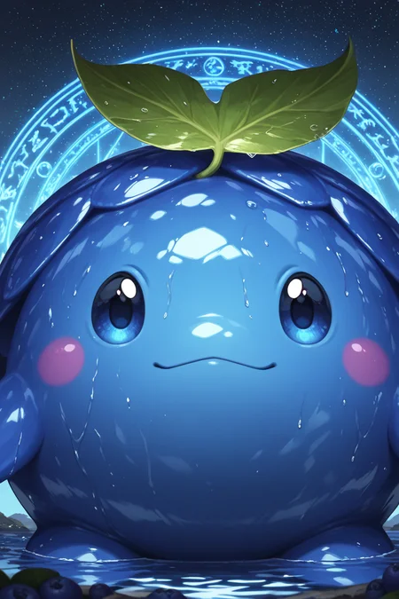 realistic shading, natural lighting, blueberry-creature focus, looking at viewer, expressive face, daberry, green_daberry_leaf on head, blue_daberry_hair, blue eyes, 1blueberry creature, pokemon (creature), closed mouth smile, shiny skin, wet, cowboy shot, casting spell, floating magic circle, outdoors water, dark environment, water ripple, night sky, starry sky, night, glowing particles, fantasy, straight-on, centered, dynamic angle, intricately detailed illustration, depth of field, masterpiece, best quality, amazing quality, very aesthetic, absurdres, newest, anime screencap