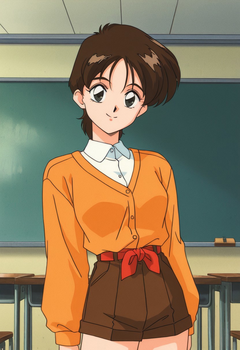 score_9, score_8_up, score_7_up, source_anime,masterpiece, best quality, retro_artstyle, 1990s_\(style\),official art,a girl,solo, Hikaru,brown_hair,short_hair,black_eyes,orange_sweater,white_shirt,brown_shorts,small_breasts,empty classroom,(detailed face and eyes,smile:1.2), looking at viewer,(cowboy shot),