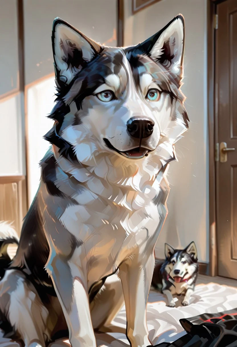 masterpiece, best quality, amazing quality, very aesthetic, absurdres, solo, DOG , HUSKY , semi realistic