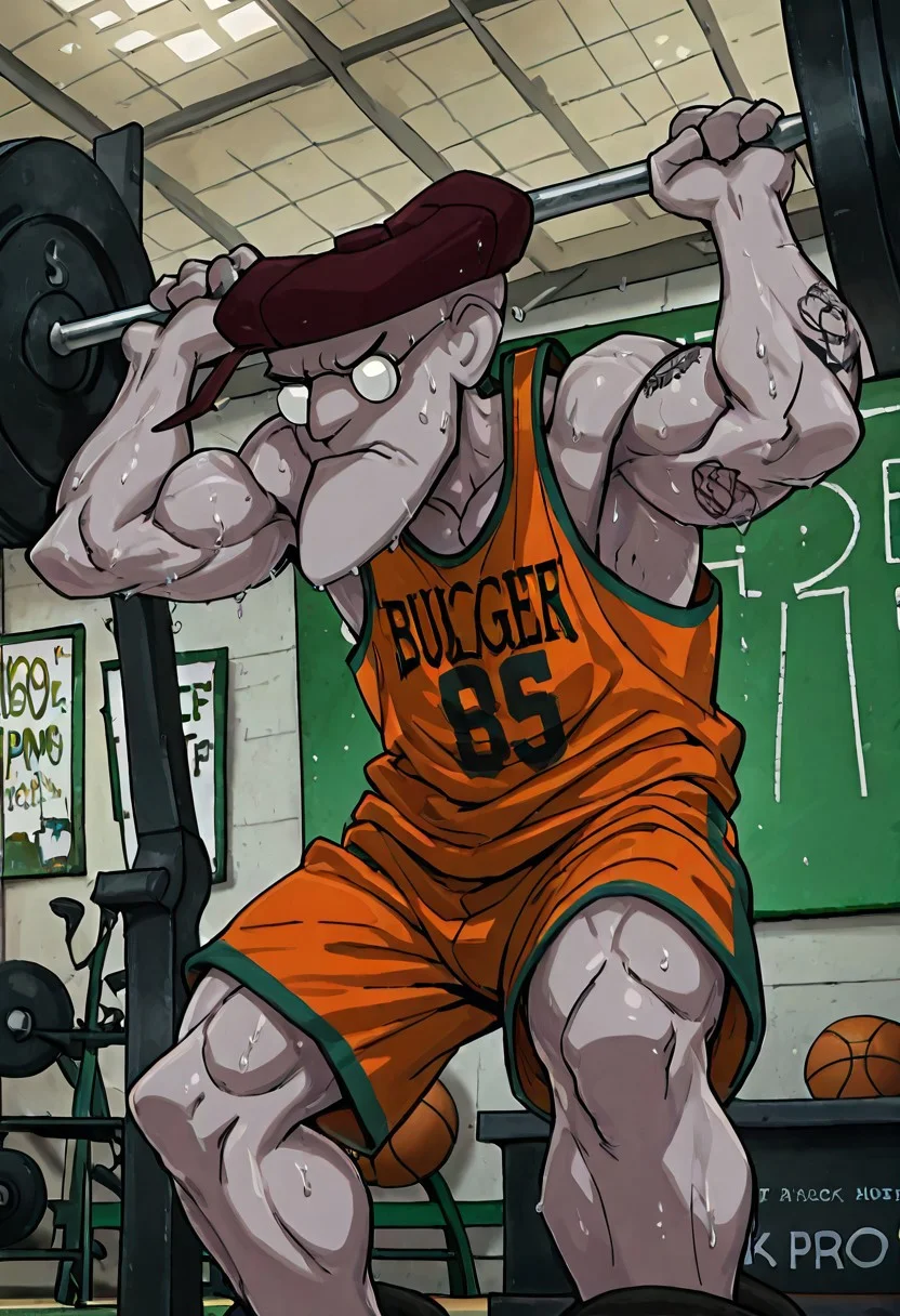 Masterpiece, absurdres, best quality, 1boy, solo, Eustace, Bagge, basketball jersey, shorts, hat, glasses, grumpy expression, extremely muscular, bodybuilder physique, sweating, strained expression, arm tattoos, anchor tattoo, bulging biceps, bench press, lifting barbell in a gym, detailed background, gym setting, gym background,