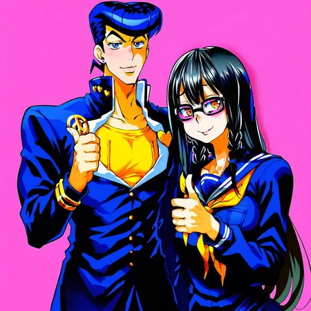 score_9, score_8_up, score_7_up,
<lora:One-Love-Heart-Thumbs-Up-PDXL_489_v1:1>
kataomoiH, 1girl heart hand, 1boy thumbs up,
school uniform,
(height difference:1.2),
LINE
1girl heart hand, ((yoshida saki:1.3), (black hair:1.3), long hair, twin braids, glasses, serafuku, long sleeves, twin braids, <lora:ShindoL-art-PDXL_Jorkington_v1:0.8>),
LINE
1boy thumbs up, (Josuke Higashikata, Pompadour, stud earrings, Josuke Higashikata, blue eyes, gakuran, black school uniform, anchor symbol, heart symbol, peace symbol, purple shoes, fit, zippers, (muscular male:1.2), <lora:Josuke-Higashikata-PDXL_Oyukisan_v1:0.8>)