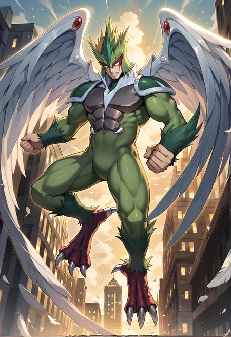 (score_9:0.9),score_8_up,score_7_up,rating_safe,anime style,(zPDXL),(zPDXL3),<lora:E hero flame wingman ponyXL v1.1:0.72>,elemental hero avian, solo, 1boy, male focus, abs, full body, aura, teeth, clenched hands, muscular male, no pupils,skyscraper,