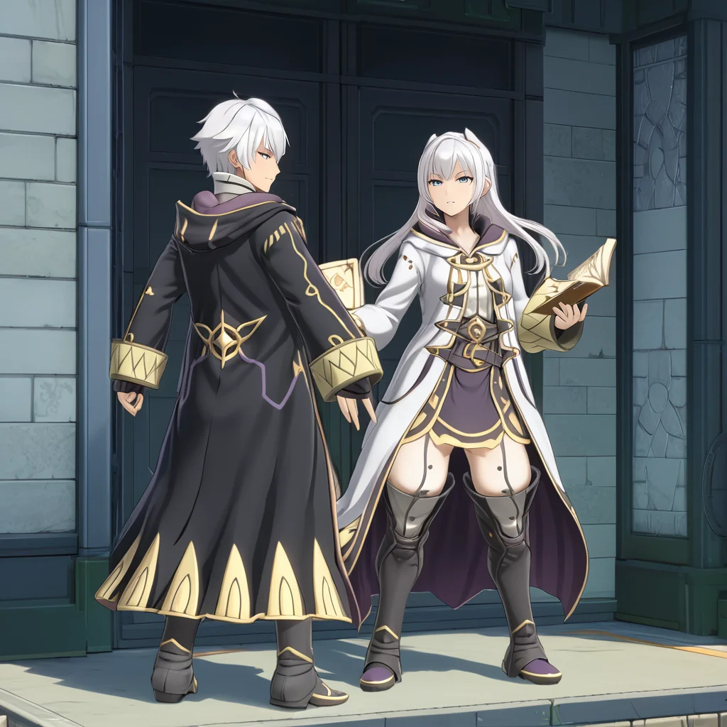 RobinFEXL, 1boy 1girl, white hair, wizard, , (anime, masterpiece, intricate:1.3), (best quality, hires textures, high detail:1.2), (4k),(incredibly detailed:1.4),UHD, 8K, ultra detailed <lora:RobinFEXL:.9>