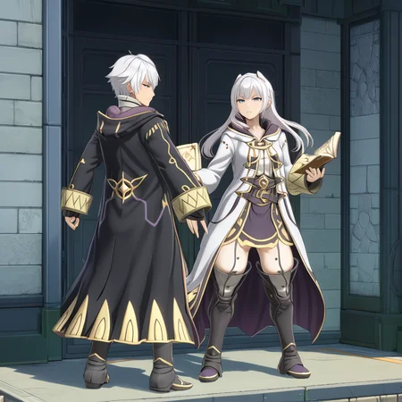RobinFEXL, 1boy 1girl, white hair, wizard, , (anime, masterpiece, intricate:1.3), (best quality, hires textures, high detail:1.2), (4k),(incredibly detailed:1.4),UHD, 8K, ultra detailed <lora:RobinFEXL:.9>