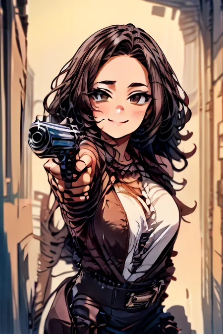 (masterpiece:1.4), high quality, high definition, sharp focus, detailed face, anime, best quality, 4k, 8k, absurd resolution, intricate detail, detailed hands, detailed eyes, animation, illustration, highly detailed, highres, extremely detailed, <lora:ETO_OCC002:0.7> ETO_OCC, black hair, curly hair,longhair, thick eyebrows, <lora:hyperdenoiser_v090:0.6>, (looking at viewer:1.6), (plump), (hazel eyes:1.3), <lora:mesugaki-10:0.5>, smiling, smug, <lora:ETO_OC:0.2> ETO-OC, <lora:sensualface_type1:0.5>, seductive smile, <lora:perfetfingers:1>, OverallDetail, Illust-InstaFilter, edgQuality, Earth-QualityPos, BodyPositive, Best_QualityPos, colt, belt, cowgirl, saloon, leather, cartridge, holsters, <lora:Armed_Cowgirls:0.8>, weapon, (gun:1.5), <lora:AppleCheek:0.7> applecheek, aiming at viewer,<lora:aimingAtViewer_v1:0.6> aiming at viewer, handgun, holding pistol <lora:aimingpistol-09:1> aimingpistol, <lora:add_detail:1>