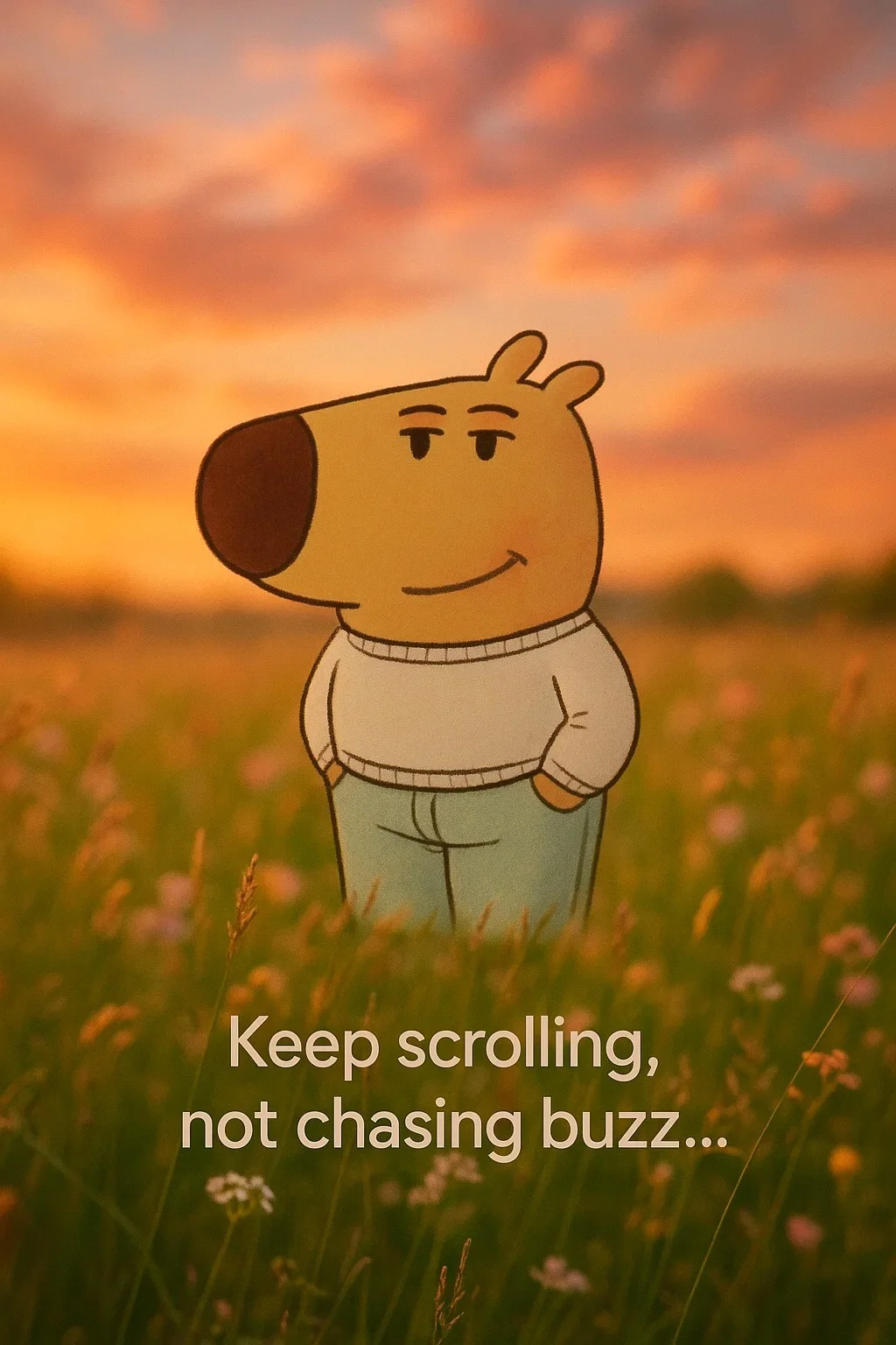 image of a chill guy (from image), the chill guy is standing in a field of tall, fragile grasses and wildflowers, the photo has a touch of motion blur, and mildly overexposed from uneven sunlight, bokeh creates depth of field,  mesmerizing pink golden clouds, 4K, a caption in the form of a subtitle says "Keep scrolling, not chasing buzz..."
