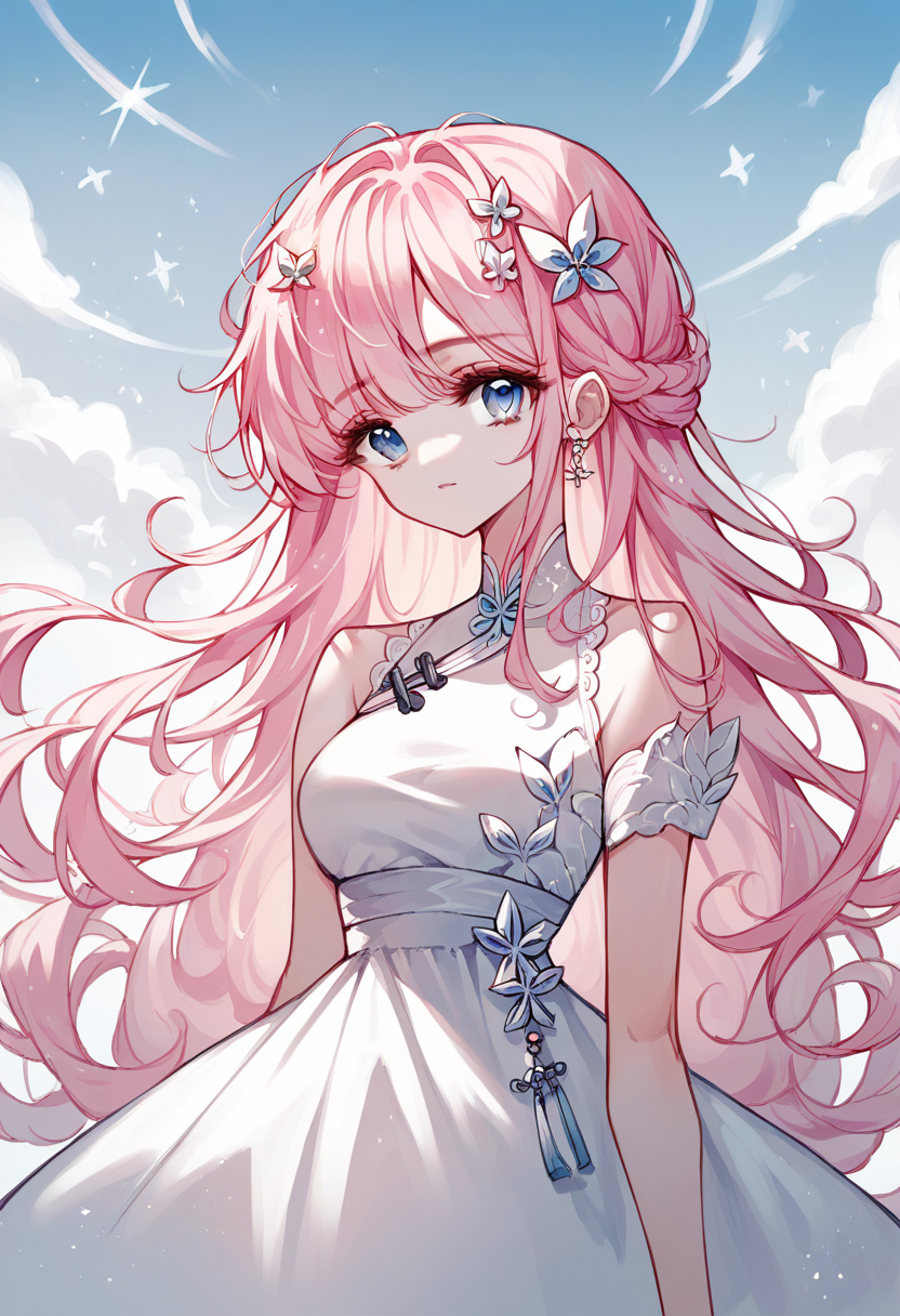 score_9, score_8_up, score_7_up, score_6_up, source_anime, 1girl, long hair, pink hair, blue eyes, 
white dress, looking at viewer, hair ornament, 
<lora:tando_v0.4-pony:1>