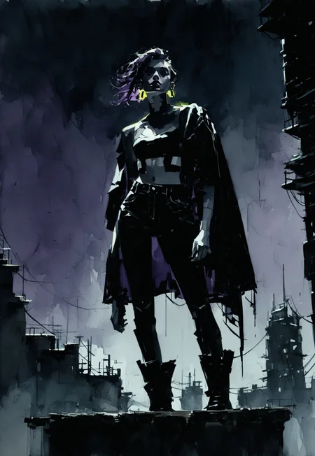 score_9, score_8_up, score_7_up, ((watercolor)), oil painting, A gritty, dystopian scene, muted purple theme, boots, hi-tech ear piercing, muted blue theme, croptop, climbing building, glowing spine under cape, beautiful, lonely cyberpunk setting with subtle comic book-style shading and texture, surreal aesthetic mixed with a cyberpunk noir feel