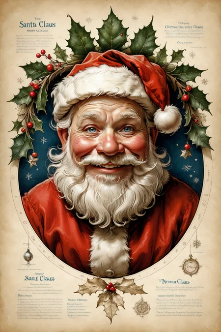 detailed diagram, photorealistic, absurdres, blueprint, <lora:ParchartXL_CODA:0.4> on parchment, etched elements, extremely detailed, (santa claus:1.4),<lora:symmetrical:1> symmetrical, smile <lora:caricart:0.45> caricart, <lora:norman_rockwell_style_v1:0.6> norman rockwell style, plump, jolly, christmas, mistletoe,
