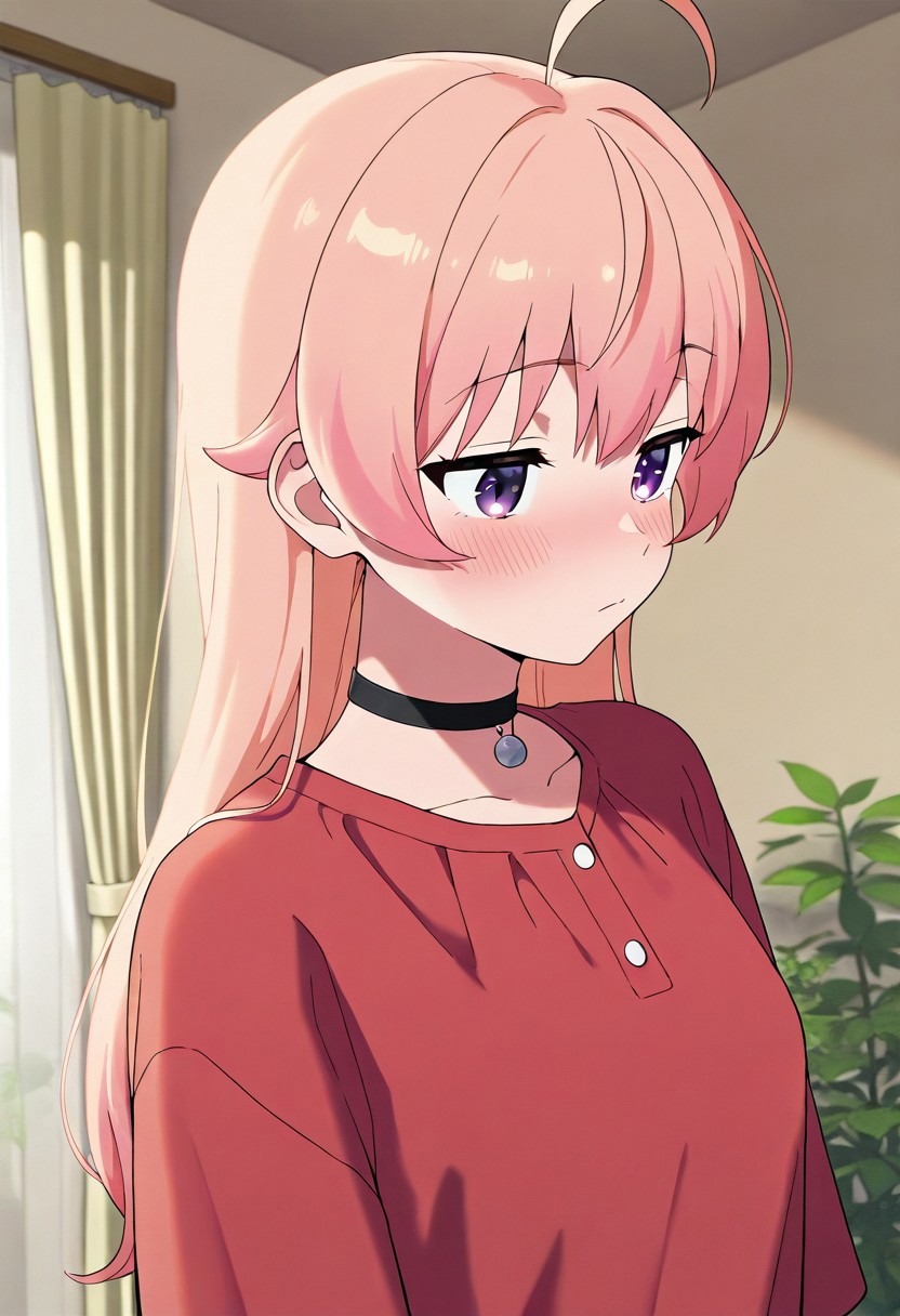 masterpiece,best quality,amazing quality, wakatsuki nico, long hair, light pink hair, purple eyes, 1girl, solo, ahoge, choker, blush, black choker, plant, shirt, indoors, curtains, red shirt, closed mouth, upper body