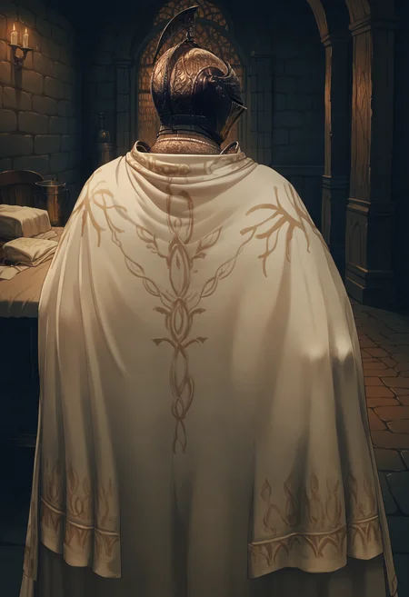 score_9, score_8_up, score_7_up, score_6_up, score_5_up, score_4_up, 1girl <lora:Leda:0.95> solo, faceless, eyeless, helmet, full armor, cape, from behind, looking back,
dungeon background, indoors,