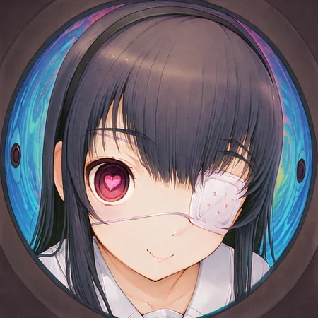 source_anime, high res image, masterpiece, perfect quality, best quality, absurdres, scenic, ultra detailed face, detailed eyes,
HDR,
monitoring, (right eye focus):1.2, eyepatch, (psychedelic):1.2,heart-shaped pupils, smile, colors, fisheye, pov peephole, medical eyepatch, eyeball, from side, looking at viewer,
Sone Miyuki