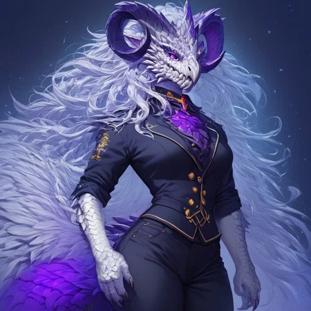score_9, score_8_up, score_7_up, score_6_up, semi-realistic artwork, high quality, vibrant colors, best quality rendering, intricate details, high resolution, sharp focus, best render quality,Bastion Style Mix 2,solo
Arkveld,wyvern,anthro,white scales,heavly scaled, grey skin,colored skin,dark grey horns,2 long front horn,colored sclera,clawstail,claws,tall,winged arms,purple eyes,white hair braid twintail,long hair,heavly scaled tail,purple tail marking glow,heavly scaled head,heavly scaled backs,thighs,teacher outfit,pants,