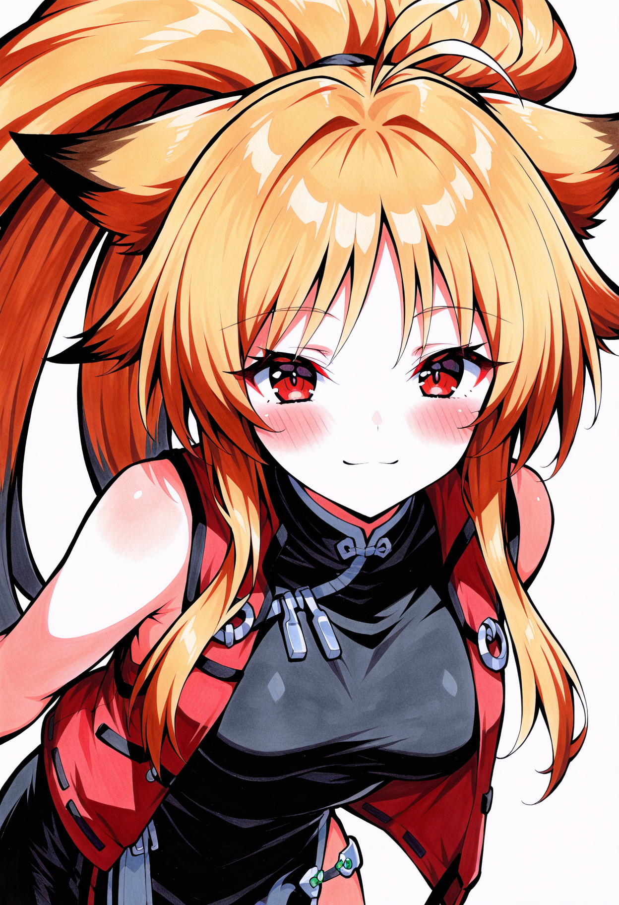 traditional art, line art,
 <lora:XiaomuPXZIL:1>, xiaomu, red eyes, blonde hair, black hair, multicolored hair, long hair, multiple ponytail, animal ears,
solo, chinese clothes, red vest,
blush, smile,
looking at viewer, 
masterpiece,best quality,amazing quality,