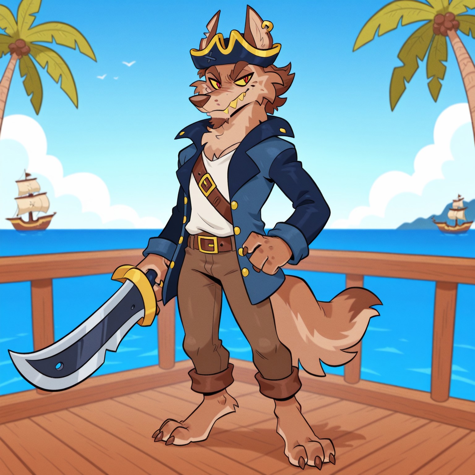 <lora:Skurv_the_Coyote:1>, masterpiece, best quality, hires, absurdres, skurvthecoyote, coyote, solo, 1boy, male focus, furry male, furry, brown fur, closed mouth, sharp teeth, smile, two-tone fur, animal ears, yellow sclera, red eyes, teeth, thick eyebrows, pirate hat, earring, facial hair, blue jacket, open jacket, long sleeves, white undershirt, belt, pants, tail, ocean background, standing, on pirate ship, holding pirate sword, palm trees, feet, two toes, soles, claws