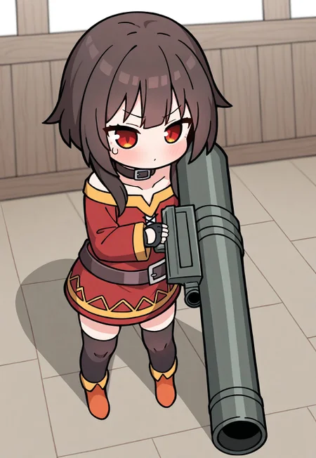 masterpiece, best quality, amazing quality, very aesthetic, absurdres, newest, (best quality,4k,8k,highres,masterpiece:1.2), 1girl, megumin, chibi, holding rocket launcher, Go do a crime,