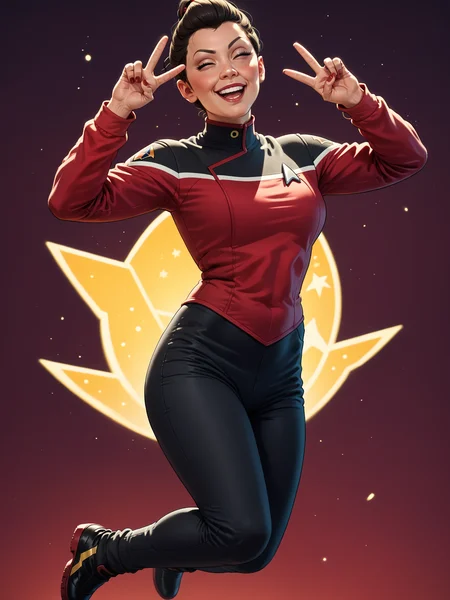 score_9, score_8_up, score_7_up, score_6_up, score_5_up,rating_safe, 1girl in sttldunf star trek black uniform, red sleeves,black pants, jumping,peace sign<lora:STTLPony:0.8>