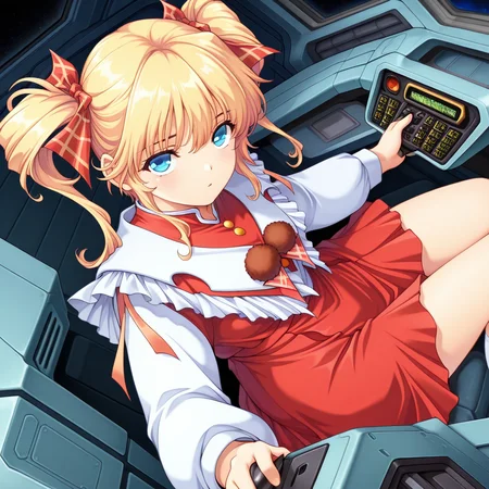 1girl,solo,<lora:IL_ootori_sisters:1>,z_siki,ootori akane,
blonde hair,red hair ribbon,blue eyes,twintails,red dress,long sleeves,pom-pom,bow,red skirt,white socks,red shoes,
dutch angle,looking at viewer,living room,upper body,looking up,upturned eyes,looking at viewer,zerosiki,
mecha,cockpit,sitting,grip console,, masterpiece,best quality,amazing quality,uncensored