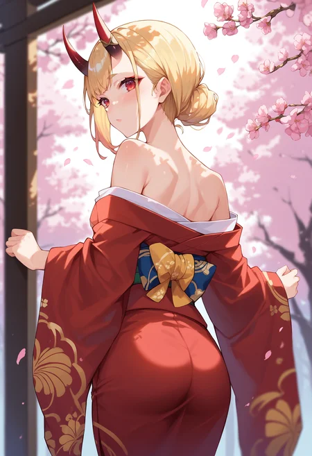 score_9, score_8_up, score_7_up, score_6_up, source anime,
oni, kitagawa marin, oni horns, skin-covered horns, japanese clothes, red kimono, solo, blonde hair, red eyes, cowboy shot, outdoors, bare shoulders, from behind, looking back, blush, cherry blossoms, depth of field, dappled sunlight, falling petals
, masterpeice, best quality, very aesthetic, absurdres