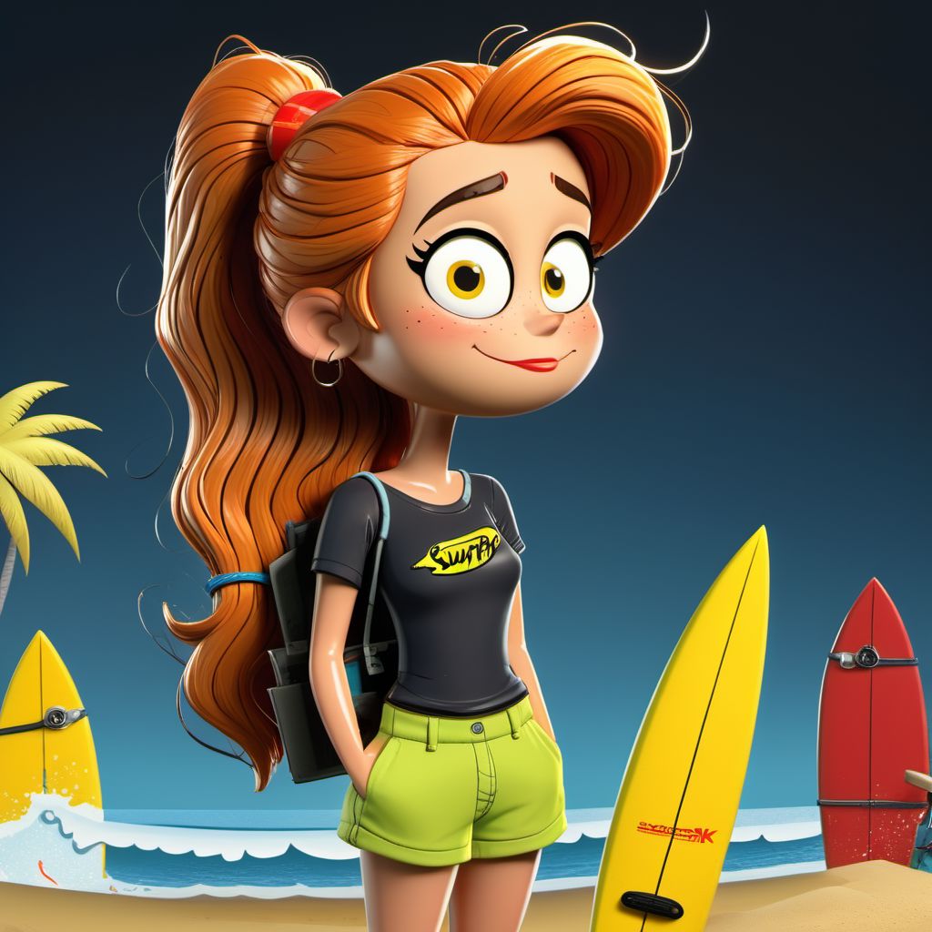 Black background, Beach girl in board shorts with surf board and  fishing gear, ((top quality,8k wallpaper)),(masterpiece,best quality:1.2),(high_resolution:1.2), black background, cartoon beach people, fishing, funny