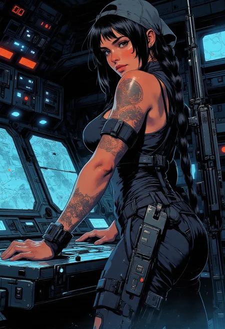 In the style of ff-td, nistyle, Silhouette Art, magnificent, inksplash, crisp lines, closeup portrait of stunning sci-fi space marine, flight deck, spaceship control room, beautiful girl, breasts, curvy, looking at viewer, holographic displays, leaning against table, rifle on back, smirk, holographic map table, dark braided hair, backwards hat, armor, chest armor, sci-fi armor, sleeveless, arm sleeve tattoos, muscle tone, dogtags, armored legs, sweaty, directional lighting, dark background, blue lights, foreshortening, depth of field, 
Closeup, detailed face, freckles,