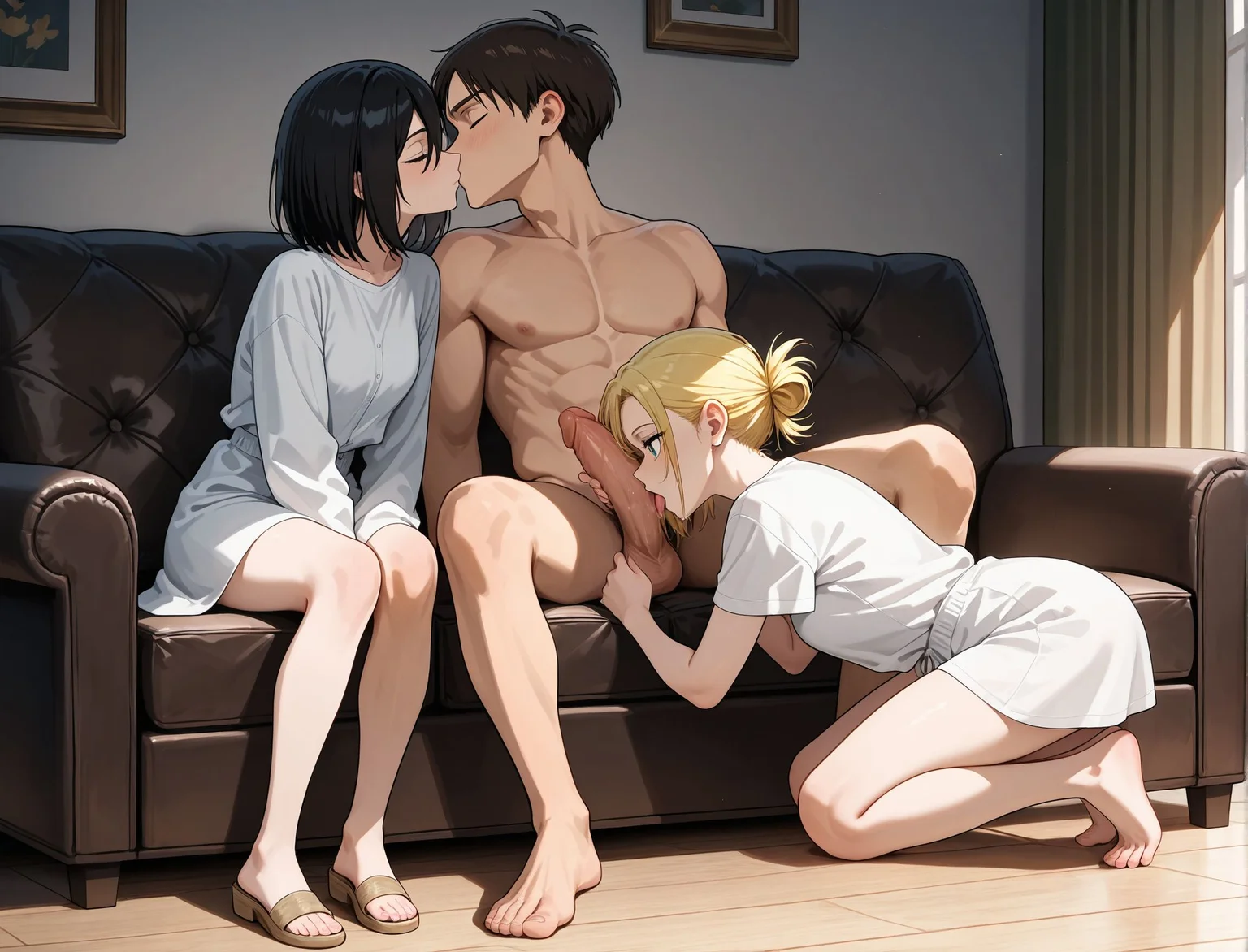 masterpiece,best quality,amazing quality,very aesthetic,absurdres,newest, huge filesize,
<lora:spo_sdxl_10ep_4k-data_lora_webui:0.5>,
<lora:add-detail-xl:1>
<lora:FFM_Kiss and Fellatio:0.7>,FFM_Kiss and FellatioV1,
Girl sandwich, clothed female nude male,
front view, 1boy sitting on sofa, (full body:1.5),
(2girls:1.7)
Eren Yeager,
BREAK
Girl sandwich, clothed female nude male,
front view, 1boy sitting on sofa, (full body:1.5),
(2girls:1.7)
sitting , from side, face to face,
Couple kissing, kiss,
mikasa ackerman from shingeki no kyojin,military uniform,
BREAK
Girl sandwich, clothed female nude male,
front view, 1boy sitting on sofa, (full body:1.5),
(2girls:1.7)
from side, all fours, on sofa, on side,
(oral sex,fellatio, penis, face down, licking penis:1.3), huge penis, precum,
annie leonhardt from shingeki no kyojin,