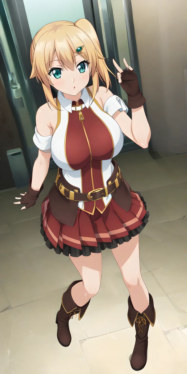emma_brightness, blonde hair, gloves, fingerless gloves, skirt, hair ornament, hairclip, large breasts, red skirt, bare shoulders, 1girl, solo, green eyes, side ponytail, full body, boots, pleated skirt, five finger, <lora:XL-EmmaBrightness:1>