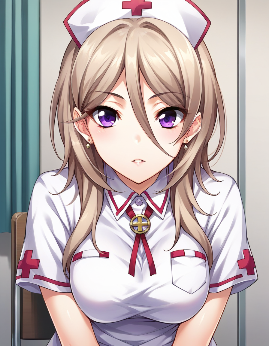 1girl,solo,inui_azusa,hair between eyes,purple eyes,nurse,<lora:inui_azusa-000010:0.8>,indoors,, score_9, score_8_up, score_7_up, score_6_up, score_5_up, score_4_up, BREAK source_anime,