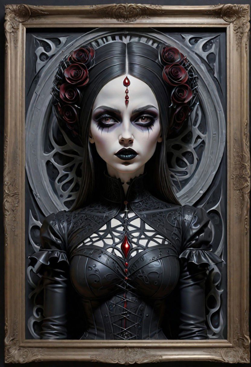 A Woman gothic Art Stylistically diverse painting, create a new and unique visual experience, complex expressions! In the outta realms of your mind, In a world where full 3D is all that matters, Taking art to another level, With colors we never knew exsisted, with mind blowing depth and foreground clarity, abstract details, distinctive visuals, Intricate and Exquisite Definition, (3D Framed, Woman), Painstaking Attention To Details