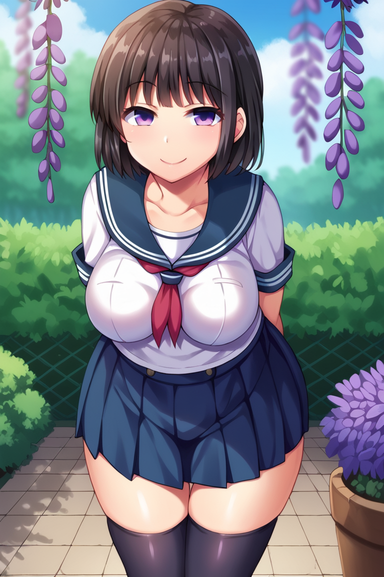 score_9, score_8_up, score_7_up, BREAK
PONYXL_STYLE_Riumu_ownwaifu, 
1girl, large breasts, pleated skirt, school uniform, black thighhighs, purple eyes, smile, short hair, serafuku, red neckerchief, bangs, black hair, short sleeves, collarbone, blue skirt, white shirt, blue sailor collar, zettai ryouiki, impossible clothes,
(leaning forward, arms behind back), cowboy shot, garden, wisteria, outdoors, <lora:PONYXL_STYLE_Riumu_ownwaifu:0.85> , depth of field, solo,