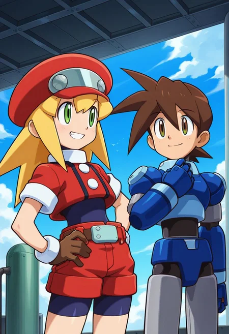 sci-fi, factory,
posing,
dynamic angle,
BREAK,
<lora:rocknrollDash_illustriousXL_v01:1>
1girl, rollCasDef, cropped jacket, red hat, blonde hair female, medium hair, sidelocks, green eyes, bodysuit under clothes, red shorts, short sleeves, brown gloves,
1boy, android, short hair, brown hair male, blue armor, rockmanVolDef, rockRollDash,
cowboy shot, smile, standing,, source_anime, very aesthetic, anime coloring, masterpiece, official art,
best quality, amazing quality, ultra detailed, very aesthetic,
detailed background,
BREAK,