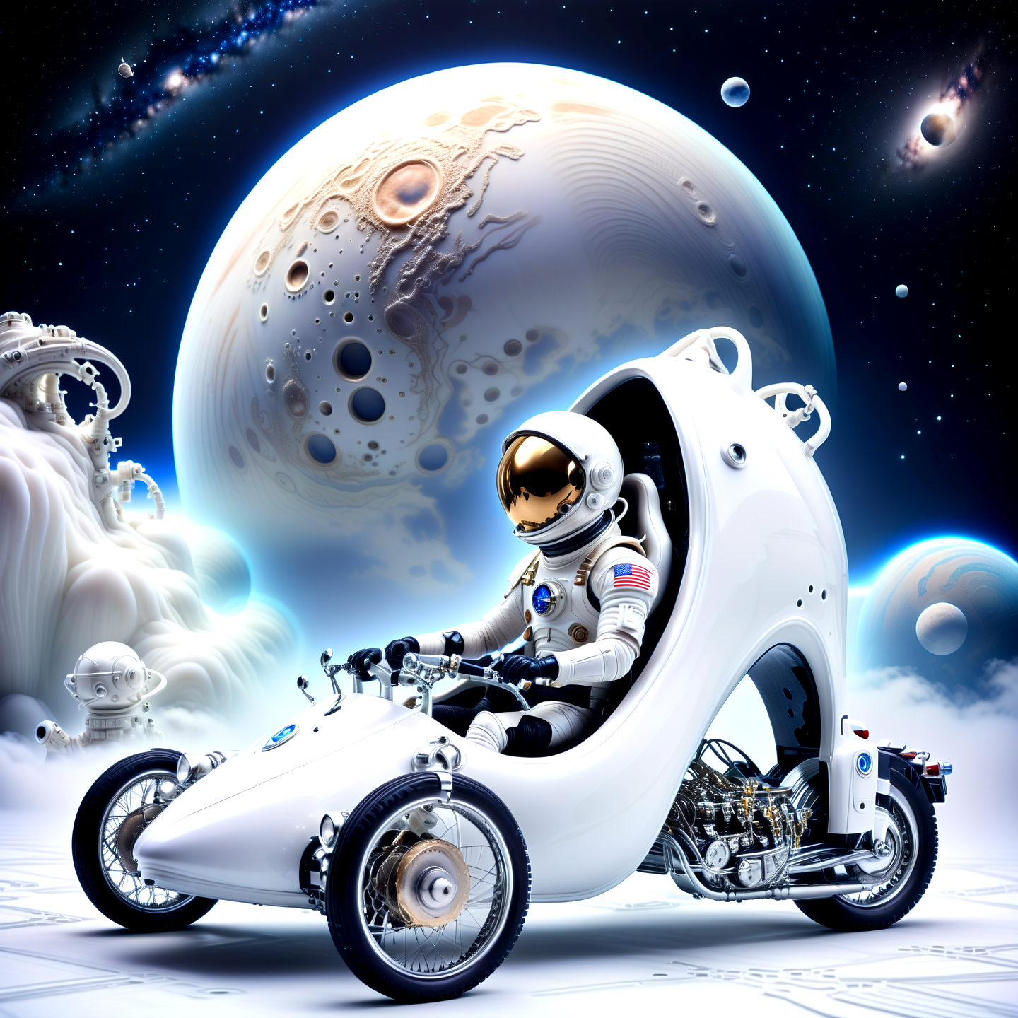 Haute Couture Fashion astronaut driving a white (biomechanical:1.15) (hhc:1.15), sit inside, high heel, galactical, masterpice, 8k, fog,spacesuit, planet moon,milky way, handle bar, helmet,,, Haute Couture Fashion, often for custom-fitted clothing, luxurious materials, or high-end design.