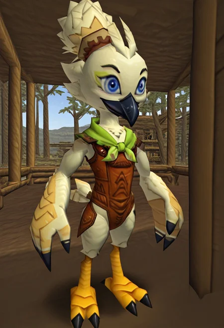 score_9, aesthetic, glossy, low poly, 3d, an animated character, 1boy, solo, Tulin, leather vest, green scarf, furry, avian furry, white feathers, feathers, blue eyes, black beak, hair bun, yellow talons, black claws, winged hands, small tail, treehouse,